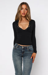 Knew That All Along Lace Trim Long Sleeve Top Black