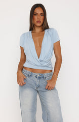 Almost Told You Short Sleeve Cowl Neck Top Dusty Blue