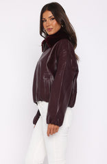 No Competition PU Bomber Jacket Burgundy