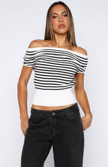Sweet Dreams Cinched Waist Off Shoulder Top White/Black Stripe