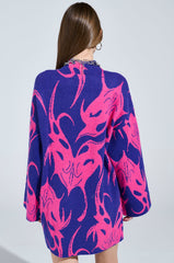 MUSHU GRAPHIC SWEATER DRESS IN BLUE AND PINK