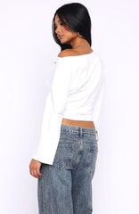 Falling For Him Cinched Waist Off Shoulder Long Sleeve Top White