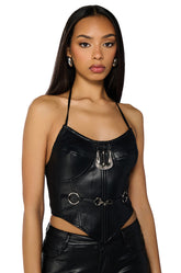 TIFFANY FAUX LEATHER HALTER NECK CORSET TOP