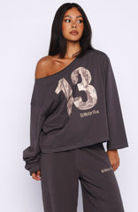 All A Dream Off Shoulder Oversized Long Sleeve Tee Charcoal