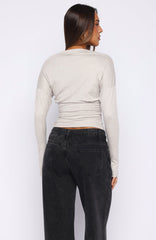 Another Time Cinched Waist Long Sleeve Top Light Grey Marle