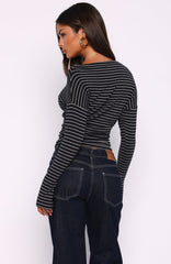 Another Time Cinched Waist Long Sleeve Top Black Stripe