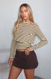 Catch My Heart Cinched Waist Long Sleeve Top Chocolate/Banana Stripe