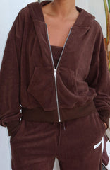 Causing Commotion Terry Boxy Zip Front Hoodie Chocolate