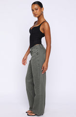 Bring The Style Low Rise Wide Leg Jeans Olive Wash