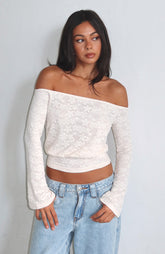 Dancing In The Rain Off Shoulder Long Sleeve Top Cream