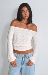 Dancing In The Rain Off Shoulder Long Sleeve Top Cream