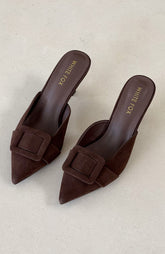 Domino Heels Chocolate Faux Suede