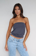 Don't Talk Cinched Waist Strapless Top Charcoal