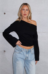 Falling For Him Cinched Waist Off Shoulder Long Sleeve Top Black