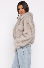 Glacial Chic Faux Fur Bomber Jacket Smokey Taupe