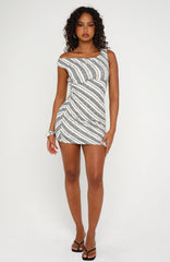 Honest With You Off Shoulder Mini Dress Black/Cream Stripe