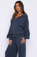Leave Me Out Of It Waffle Boxy Zip Front Hoodie Navy