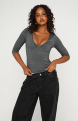 Little Bit Of Everything 3/4 Sleeve V Neck Top Charcoal Marle