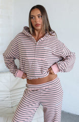 Looking Back Boxy Zip Front Hoodie Pink Stripe