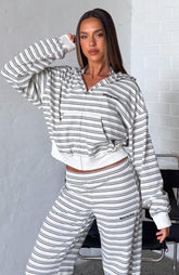 Looking Back Boxy Zip Front Hoodie White Stripe