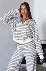 Looking Back Boxy Zip Front Hoodie White Stripe