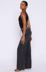 Making Appearances Mid Rise Lace Up Straight Leg Jeans Black Acid Wash