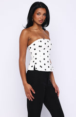 More Power Strapless Denim Top White/Black Polka Dot