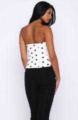 More Power Strapless Denim Top White/Black Polka Dot