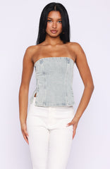 Not Listening Strapless Denim Top Light Blue