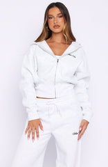 Wishing For It Cropped Cinched Zip Front Hoodie Grey Marle