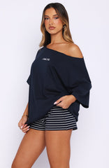 Wishing For It Off Shoulder Oversized Tee Navy