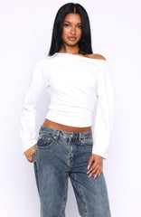 Falling For Him Cinched Waist Off Shoulder Long Sleeve Top White