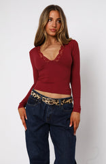 Knew That All Along Lace Trim Long Sleeve Top Wine