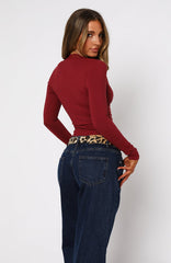 Knew That All Along Lace Trim Long Sleeve Top Wine