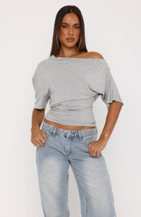 Hype Girl Cinched Waist Off Shoulder Top Grey Marle