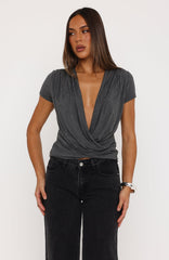 Almost Told You Short Sleeve Cowl Neck Top Charcoal Marle