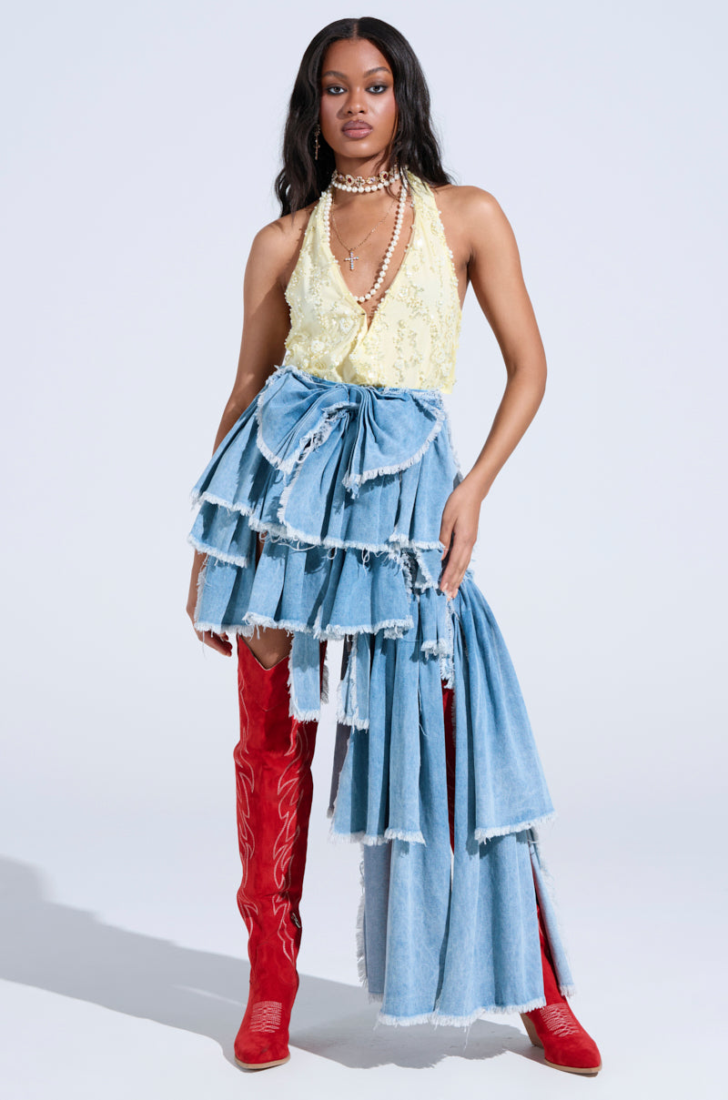 DISTRESSED TIERED ASYMMETRIC MIDI SKIRT
