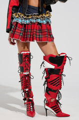 CALL ME BACK DENIM SKIRT WITH PLAID DETAIL