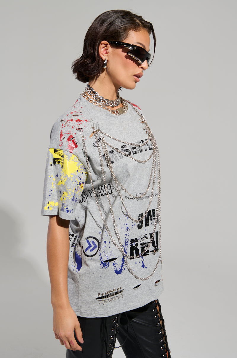SWEET REVENGE DISTRESSED T-SHIRT IN GREY
