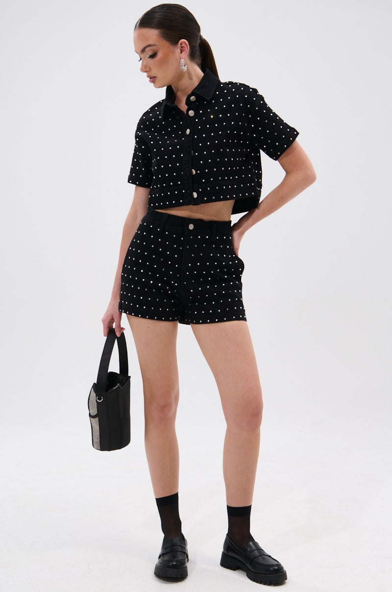 ITS GIVING DENIM RHINESTONE BUTTON DOWN