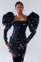 BADDIES ONLY PATENT MINI DRESS IN NAVY