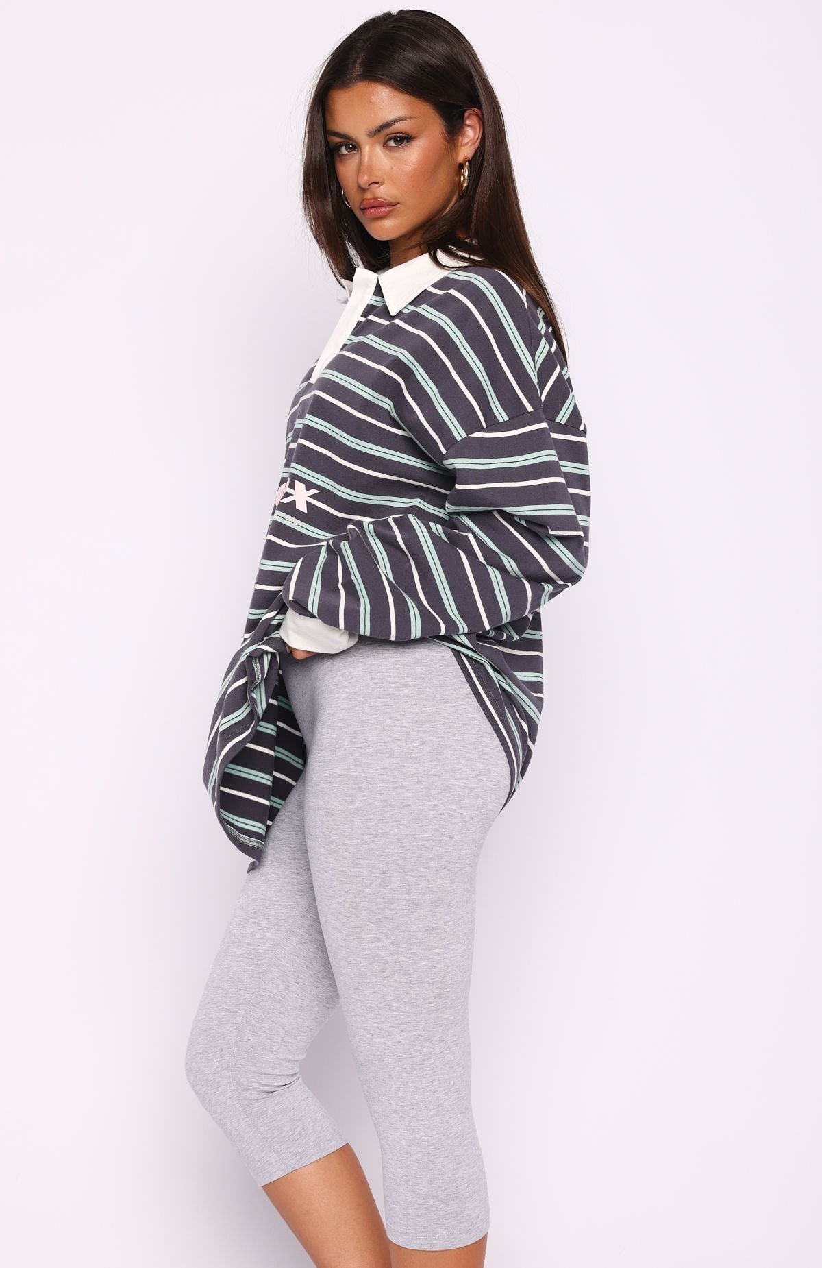 Gentle Affection Long Sleeve Rugby Shirt Grey/Mint Stripe