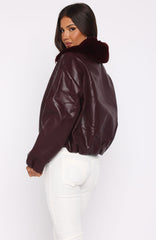 No Competition PU Bomber Jacket Burgundy