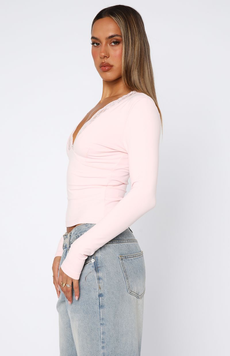 Knew That All Along Lace Trim Long Sleeve Top Baby Pink