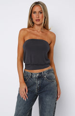 Don't Talk Cinched Waist Strapless Top Charcoal