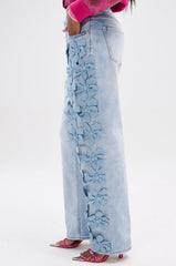 FLORAL FIELDS APPLIQUE DENIM PANTS