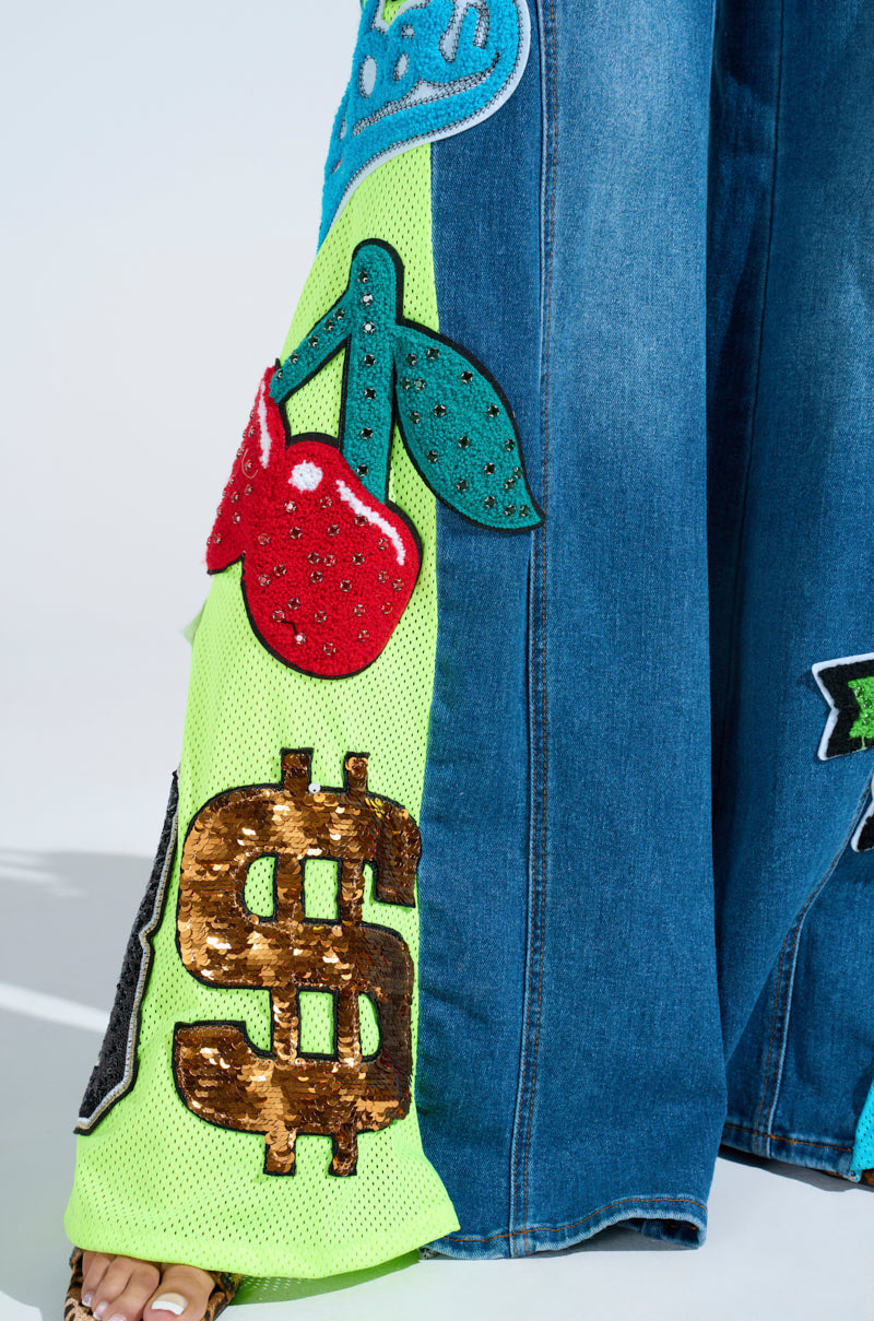 NOT SORRY PATCHWORK MEDIUM BLUE DENIM JEANS