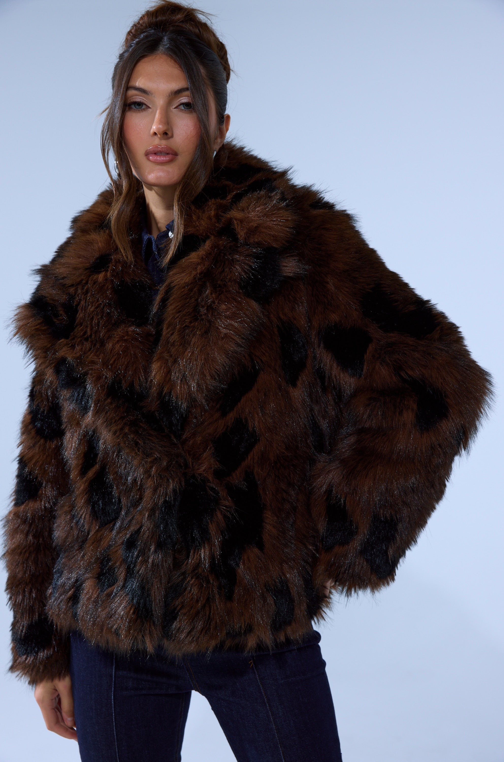 SHORTIE FUR COAT IN BROWN MULTI