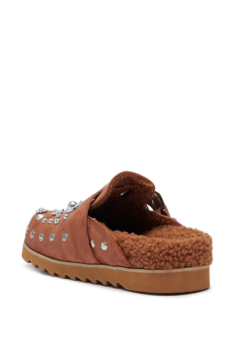 AZALEA WANG CHATTER BROWN FUR AND HARDWARE EMBELLISHED CLOG