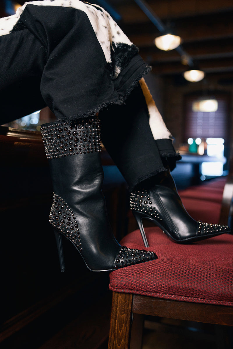 AZALEA WANG CRESSINDA BLACK GUNMETAL DOME STUD STILETTO BOOTIE